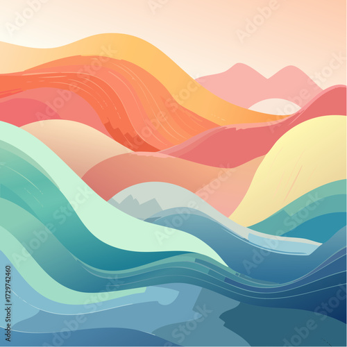 Abstract vector illustration of rolling hills and flowing landscapes in vibrant, organic wave-like shapes, creating a modern and serene colorful design with gentle gradients