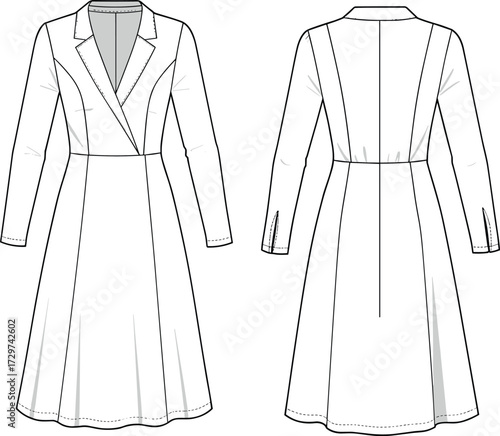 Elegant women blazer dress long sleeve fashion technical flat sketch, tailored lapel collar clothing template, cad drawing flat vector illustration