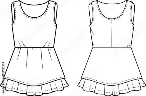 Fashion dress technical flat sketch, sleeveless ruffle hem dress vector template, apparel CAD drawing, clothing pattern design flat vector illustration
