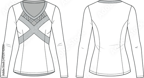 Long sleeve V neck women top fashion flat sketch, crisscross front design technical clothing template, cad drawing flat vector illustration