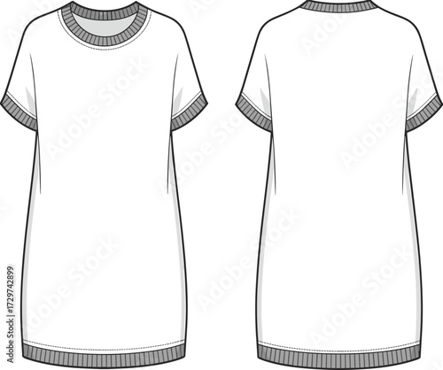 Oversized t-shirt dress fashion flat sketch, casual short sleeve tunic vector template, loose fit unisex garment CAD drawing flat vector illustration