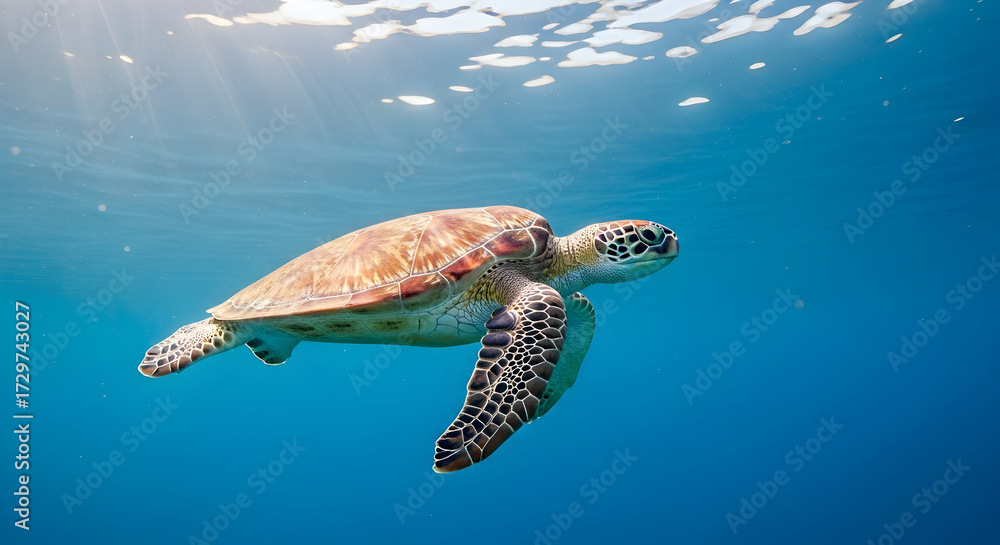 Obraz premium Sea Turtle Swimming in Turquoise Ocean Water with Sun Rays