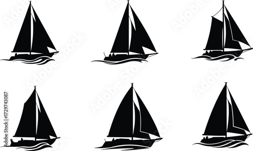 Silhouette of sailboats, sailing yacht vector, boat design, nautical illustration, black ship shapes, marine transport icons, sea travel graphic art