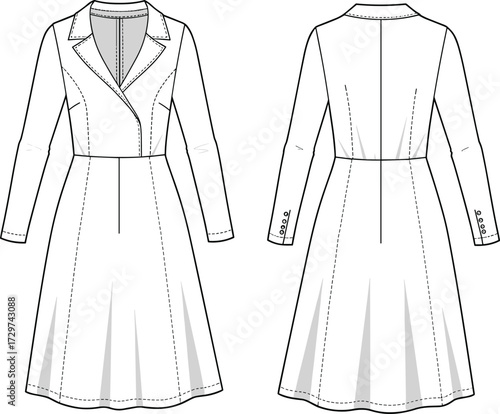Women long sleeve blazer dress flat fashion sketch, technical clothing template with lapel collar details, cad drawing flat vector illustration