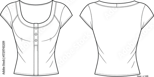 Women’s fitted short sleeve henley t-shirt technical flat sketch, scoop neck button tee vector template, apparel CAD drawing, clothing pattern flat vector illustration