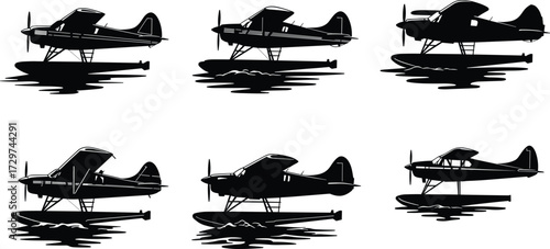 Silhouette of seaplanes, floatplane design, water aircraft vector, aviation icons, airplane illustration, black airplane shapes, flying symbols, transport graphic art
