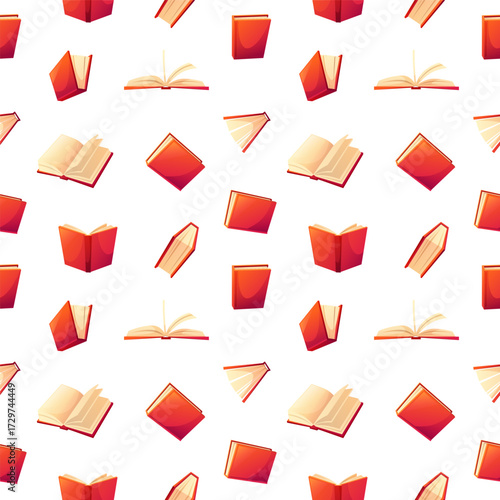 A cozy seamless pattern with books. Colorful textbooks in various positions, open and closed. Can be used on wrapping paper, fabric, or as a background for designs.