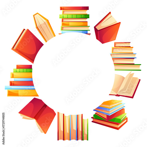 A template featuring a round frame of colorful books with empty space for text. Colorful textbooks in various positions. Concept for book sales, book forums, libraries, bookstores, back to school..