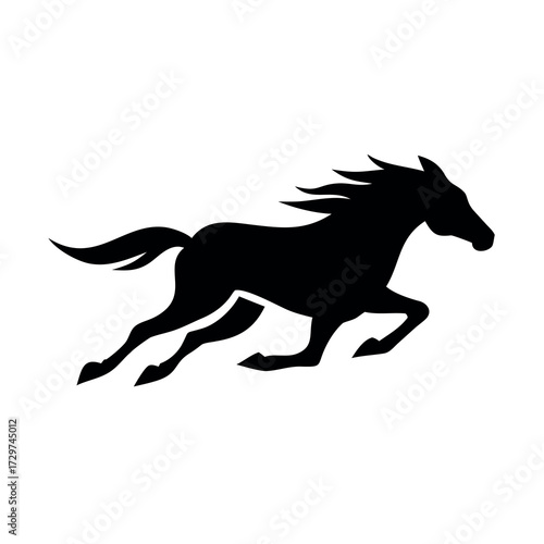 Silhouette of a powerful horse galloping at full speed across a white background