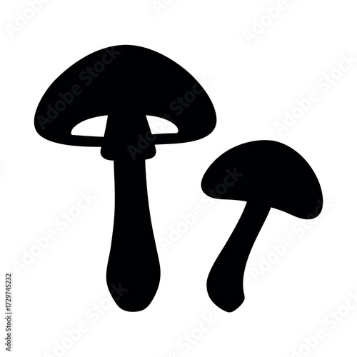 Two black silhouette mushrooms against a white background simple illustration