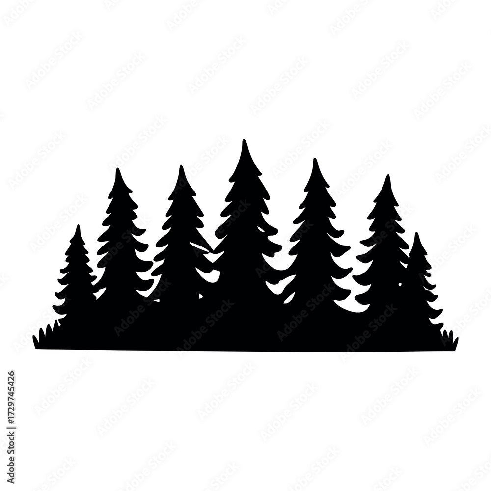 Obraz premium Silhouette of a dense evergreen forest against a white background