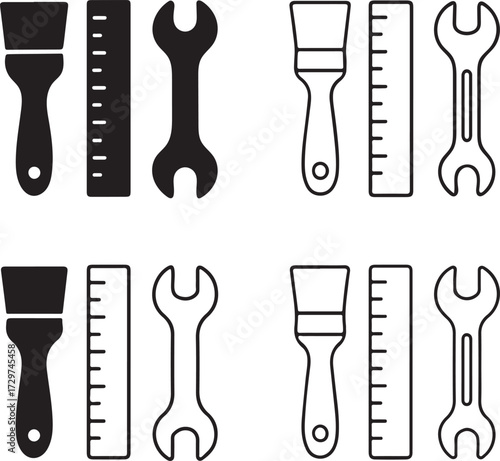 Trade School Tools icon set, education tools icons, vocational training symbol, trade school design, skill development vector, black outline thin stroke, editable educational profession icons