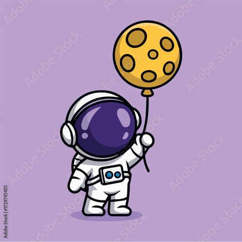 vector concept for Astronaut holding a moon balloon in space with purple background and white suit