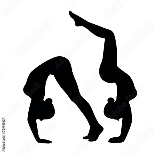 Two silhouetted gymnasts performing acrobatic poses against a white background