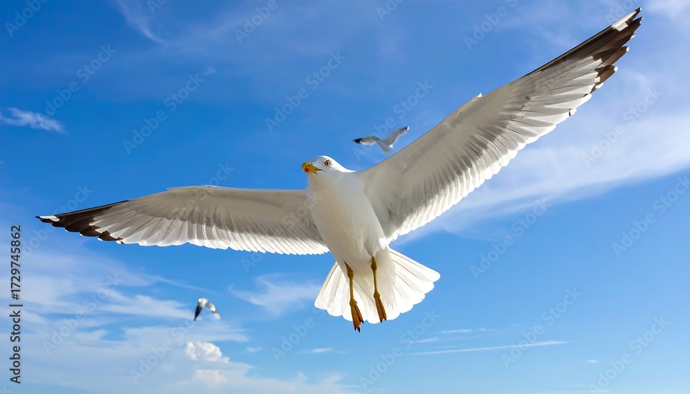 Fototapeta premium Seagull soaring in a vibrant blue sky