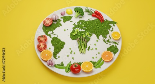 World map made of fresh green vegetables and fruits on a plate. Healthy eating.