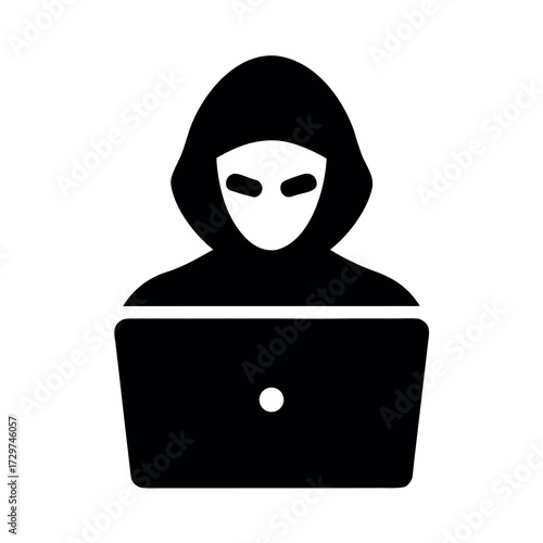 Icon of a hooded figure with a mask using a laptop computer representing cybercrime