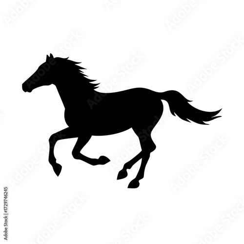 Silhouette of a powerful black horse galloping freely across a white background