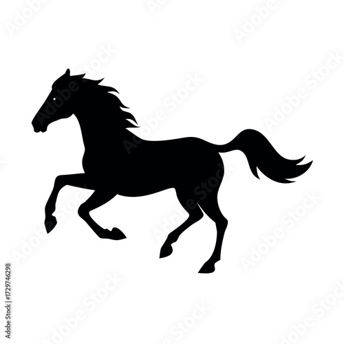 Silhouette of a powerful black horse in mid stride with flowing mane and tail