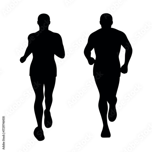 Silhouettes of two male runners in motion against a white background