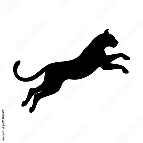 Silhouette of a black panther leaping gracefully in midair against a white background