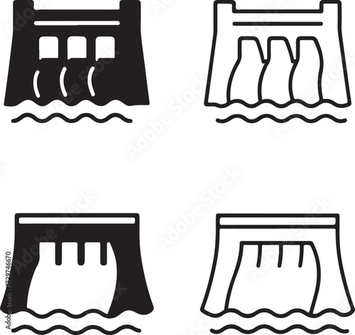 Dam Structure icon set, dam icons solid black, hydro dam outline, water energy minimal, thin stroke dam vector, editable dam design icons, professional water hydroelectric structure symbols