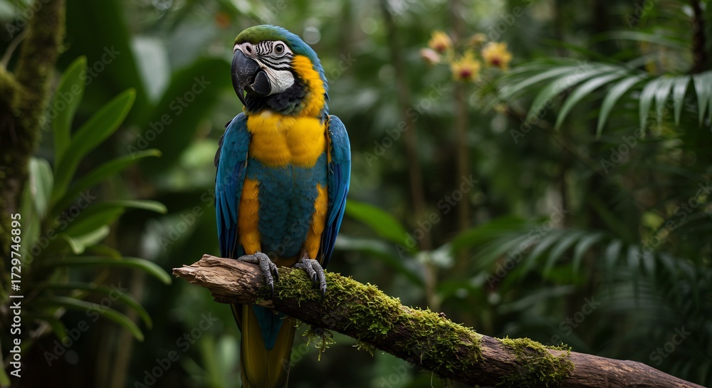 Naklejka premium Blue and yellow macaw perched on a mossy branch in a tropical rainforest