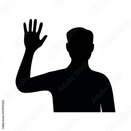 Silhouette of a person raising their hand in a greeting or wave