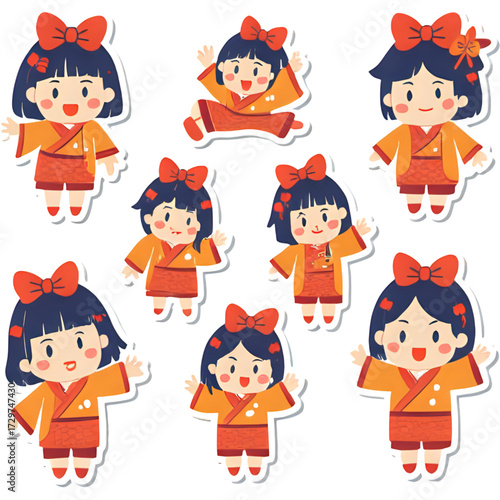 Set of nine cute three-dimensional cartoons in various poses wearing traditional South Korean clothing.