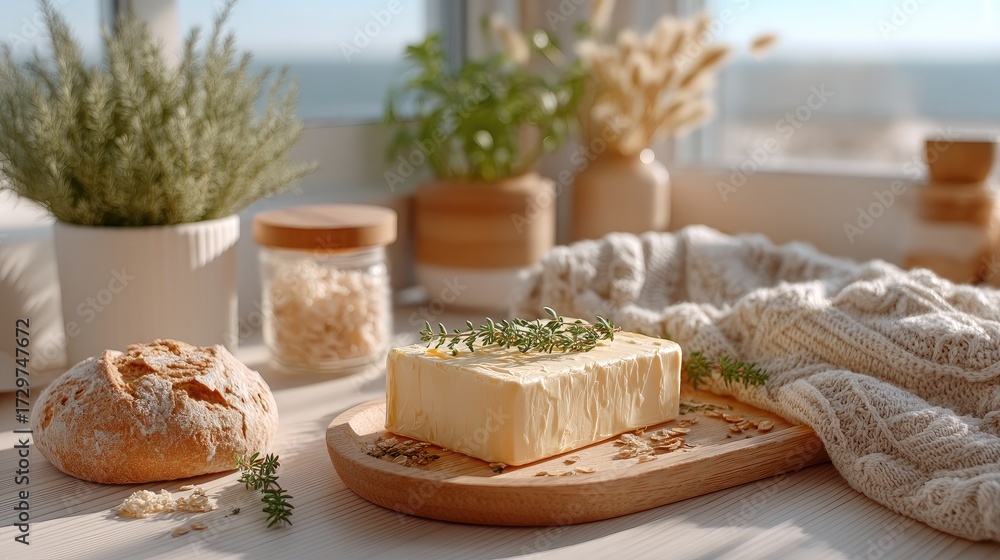 Naklejka premium Still Life of Butter on Wooden Plate with Rustic Bread and Thyme Sprigs Near Window with Sea View on White Woven Cloth Bright Soft Light