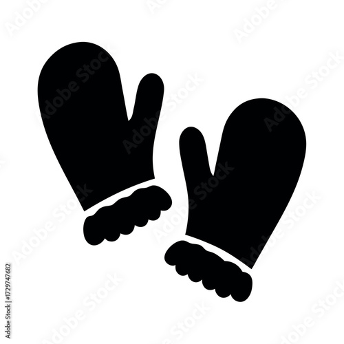 Black silhouette of cozy winter mittens with fur trimmed cuffs