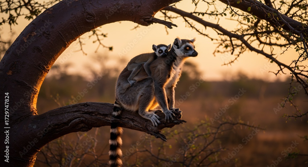 Naklejka premium Ring-tailed lemur mother carrying baby on tree branch at sunset in natural habitat