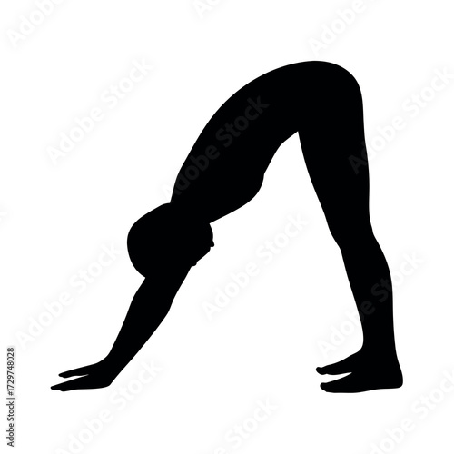 Silhouette of a person in downward facing dog yoga pose on a white background