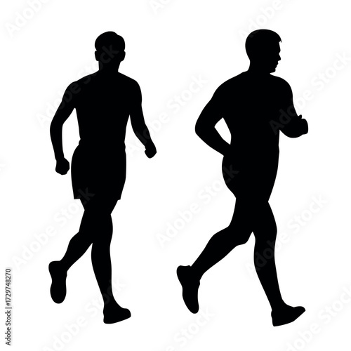 Silhouettes of two men running in motion against a white background