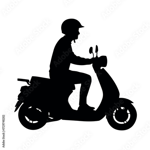 Silhouette of man riding scooter motorcycle transport vehicle with helmet for urban mobility and travel