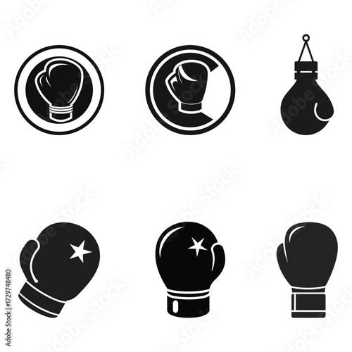 Black Boxing Gloves Icons Set Training, Fighting, Punching Bag, Martial Arts Silhouettes