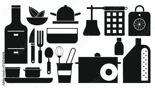 Silhouette Icons of Kitchen Utensils, Cooking Tools, and Household Supplies Collection