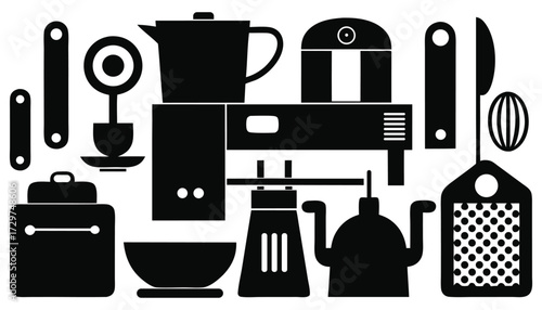 Silhouette Icons of Kitchen Utensils, Cooking Appliances, and Household Supplies