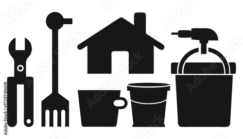 Silhouette Icons of Household Cleaning Tools, Gardening Equipment, and Utility Supplies