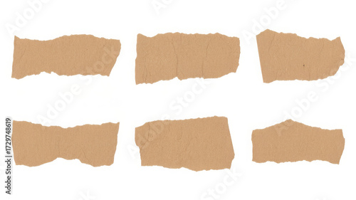 Collection of six torn pieces of brown paper isolated on white background for notes or collage design