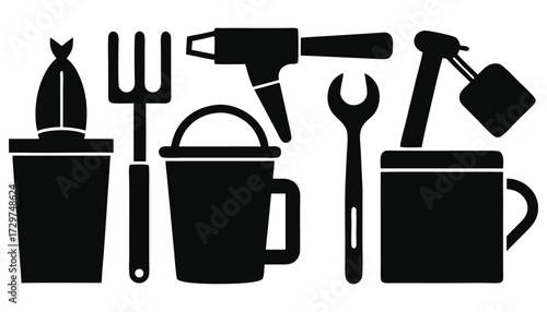 Silhouette Icons of Cleaning Tools, Gardening Equipment, and Household Utility Supplies