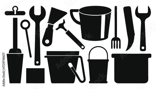 Silhouette Icons of Cleaning Tools, Gardening Equipment, and Household Utility Buckets