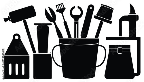 Silhouette Icons of Cleaning Tools, Gardening Equipment, and Household Utility Items