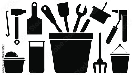 Silhouette Icons of Cleaning Tools, Gardening Equipment, and Household Utility Containers