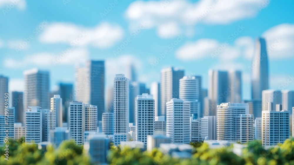 Obraz premium A cityscape with tall buildings and greenery in the foreground.