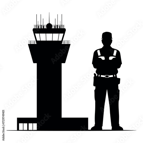 Airport control tower vector silhouette with security guard aviation traffic controller design vector illustration