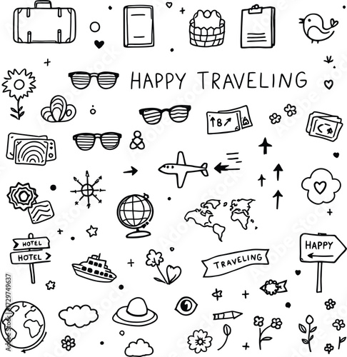 Happy Traveling Doodle Set – Black and White Vector Illustrations of Travel Icons, Vacation Symbols, and Adventure Elements
