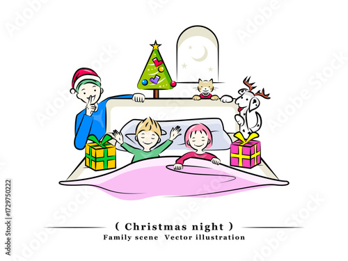 クリスマスの夜！サンタパパと猫とトナカイダルメシアンが寝ている子供達にプレゼント｜家族シリーズ