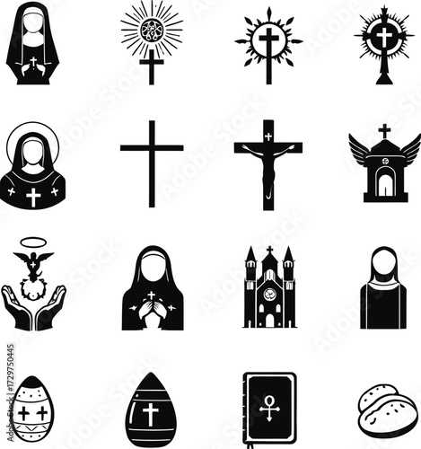 Christian Symbols Icon Doodle Set – Black and White Vector Illustrations of Crosses, Nuns, Churches, and Sacred Elements