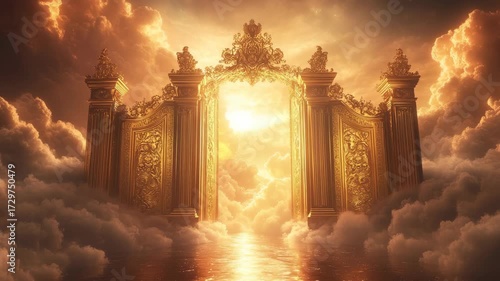 Radiant golden gates glowing in soft, fluffy clouds reveal brilliant sunlight beyond, symbolizing heaven, divine mystery, spirituality, and eternal paradise in a majestic vision of light and faith.